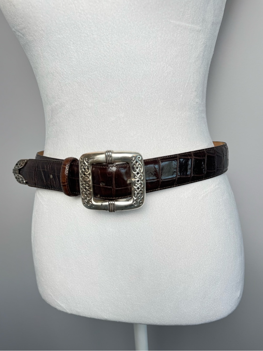 Vintage Brighton Leather Belt Size 32 Brown Reptile Embossed Silver Hardware